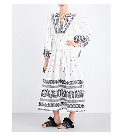 Shop Zimmermann Divinity Peacock Embroidered Linen Midi Dress In Natural