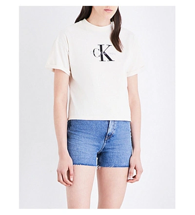 Shop Calvin Klein Logo-print Cotton-jersey Cropped T-shirt In White