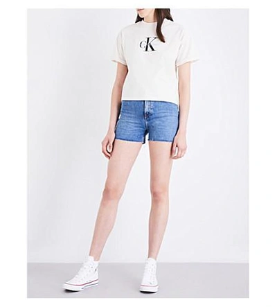 Shop Calvin Klein Logo-print Cotton-jersey Cropped T-shirt In White