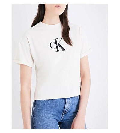 Shop Calvin Klein Logo-print Cotton-jersey Cropped T-shirt In White