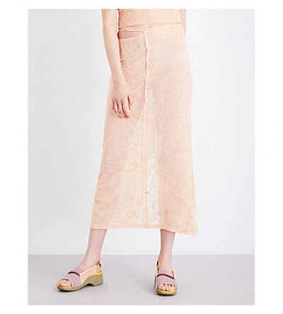 Eckhaus Latta Lapped Embroidered Mesh Midi Skirt In Peach