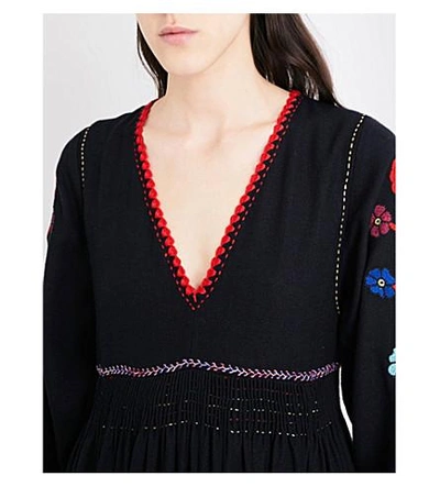 Shop Ulla Johnson Masha Embroidered Raw-silk Dress In Midnight