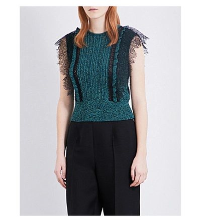 Valentino Floral Lace-trim Knitted Top In Green