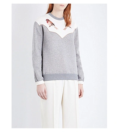 Shop Stella Mccartney Bird-embroidered Cotton-jersey Sweatshirt In Grey