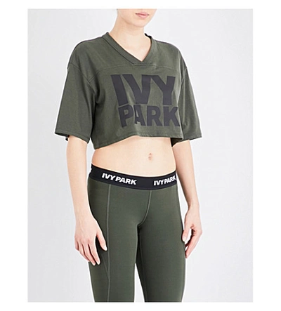 Ivy Park Logo-print Cotton-jersey Cropped Top In Khaki
