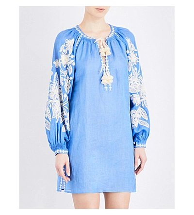 March11 Floral-embroidered Linen Tunic In Blue