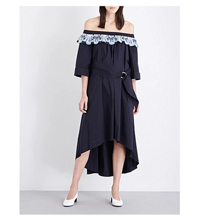 Shop Peter Pilotto Off-the-shoulder Embroidered Poplin Dress In Navy