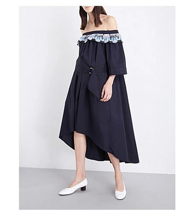 Shop Peter Pilotto Off-the-shoulder Embroidered Poplin Dress In Navy