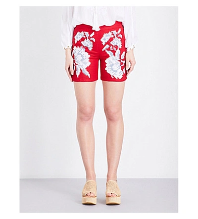 March11 Floral-embroidered Linen Shorts In Red