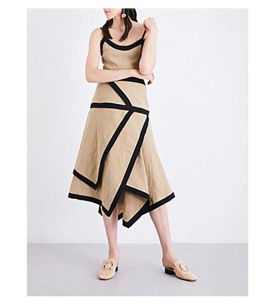Shop Jw Anderson Contrast Linen Midi Dress In Taupe