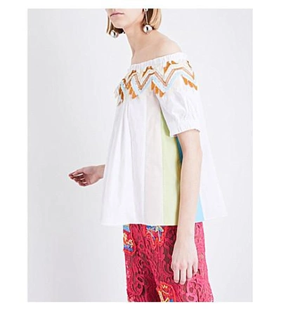 Shop Peter Pilotto Off-the-shoulder Contrast Panel Cotton-blend Top In White