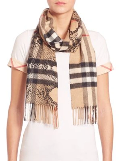 Burberry Python-print Giant Check Cashmere Scarf In Camel