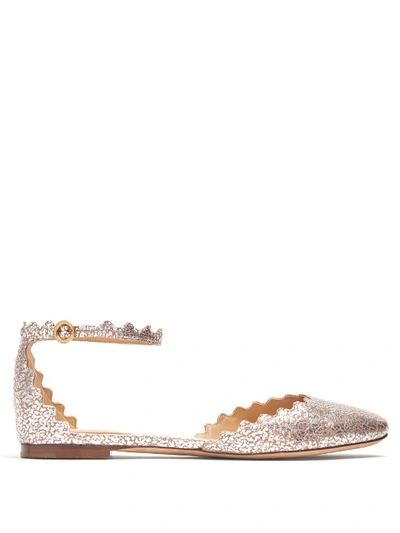 Chloé Lauren Scallop-edged Crackled-leather Flats In Silver Multi