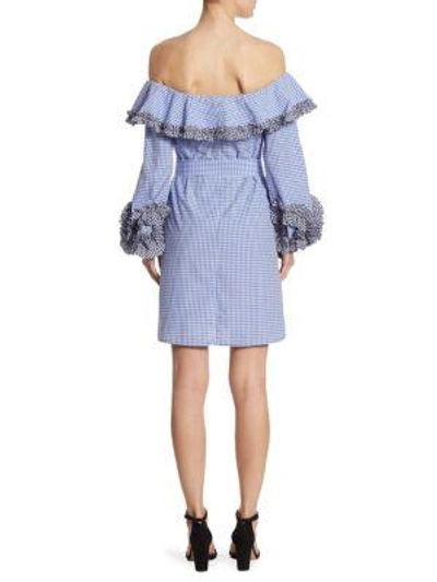 Shop Alexis Miquela Belted Gingham Cotton Dress In Blue Gingham
