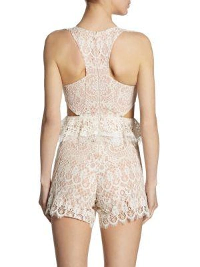 Shop Alexis Bar Lace Ruffle Side Cutout Romper In Ivory/lavender
