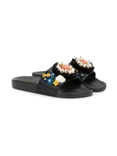 Shop Dolce & Gabbana Floral Embellished Pool Slides In 80999black