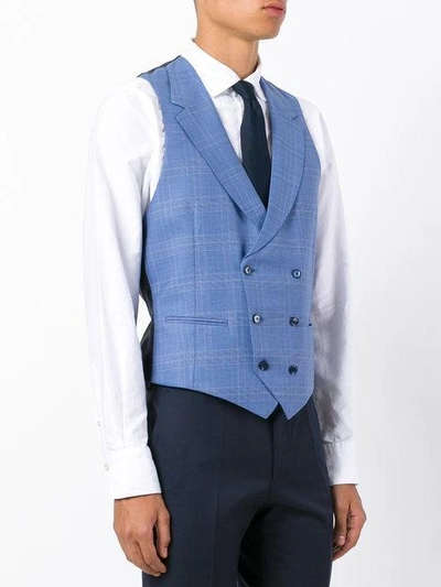 Shop Caruso Plaid Double Breasted Waistcoat - Blue