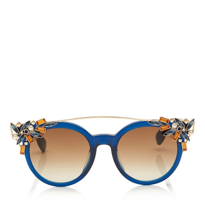 Jimmy Choo Vivy Blue And Gold Round Framed Sunglasses With Detachable Jewel Clip On In E6y Brown Shaded