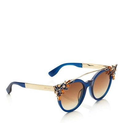 Shop Jimmy Choo Vivy Blue And Gold Round Framed Sunglasses With Detachable Jewel Clip On In E6y Brown Shaded