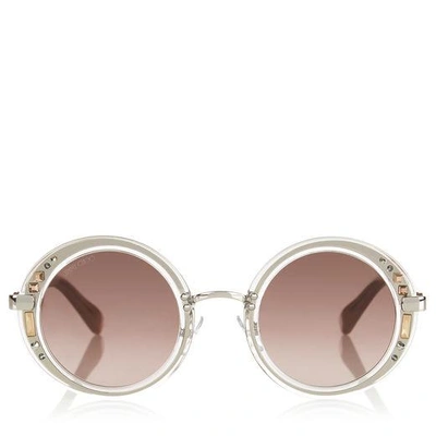 Shop Jimmy Choo Gem Transparent Round Framed Sunglasses With Swarovski Crystals In Efu Grey Shaded Silver Mirror