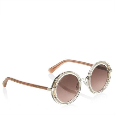 Shop Jimmy Choo Gem Transparent Round Framed Sunglasses With Swarovski Crystals In Efu Grey Shaded Silver Mirror