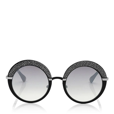 Jimmy Choo Gotha Black Palladium And Glitter Round Framed Sunglasses In Efu Grey Shaded Silver Mirror