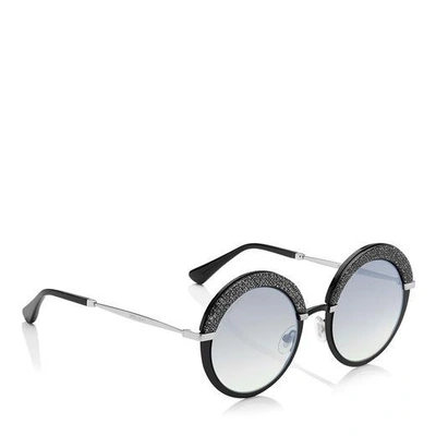 Shop Jimmy Choo Gotha Black Palladium And Glitter Round Framed Sunglasses In Efu Grey Shaded Silver Mirror