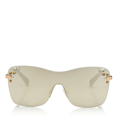 Jimmy Choo Mask Rose Gold And Grey Round Frame Sunglasses With Swarovski Crystals In Em3 Grey Silver Mirror