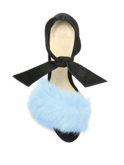 Shop Alexandre Birman Clarita 100 Rabbit Fur & Suede Ankle-strap Sandals In Black-blue