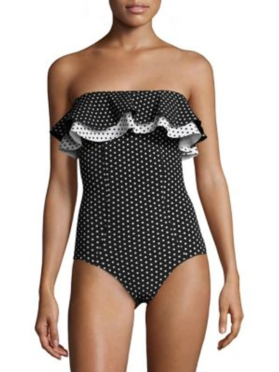 Shop Lisa Marie Fernandez Sabine Double Ruffle One-piece Maillot In Black Polka Dots