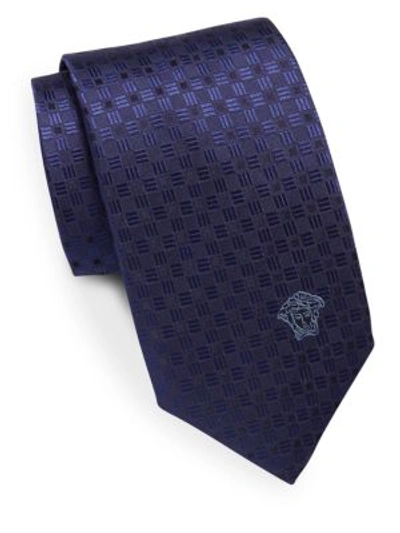 Versace Square Print Silk Tie In Blue