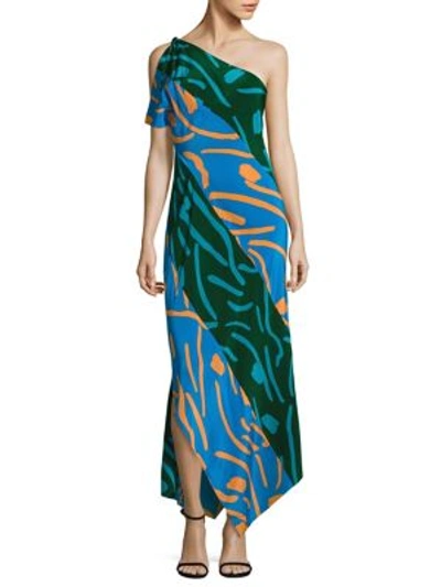 Diane Von Furstenberg Floral Print Silk One Shoulder Dress In Chatham Blue/green