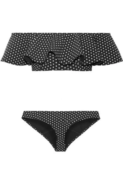 Shop Lisa Marie Fernandez Mira Flounce Ruffled Off-the-shoulder Polka-dot Bonded Bikini
