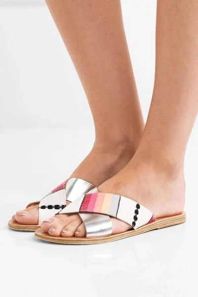 Shop Ancient Greek Sandals + Lemlem Thais Metallic Leather And Jacquard Slides