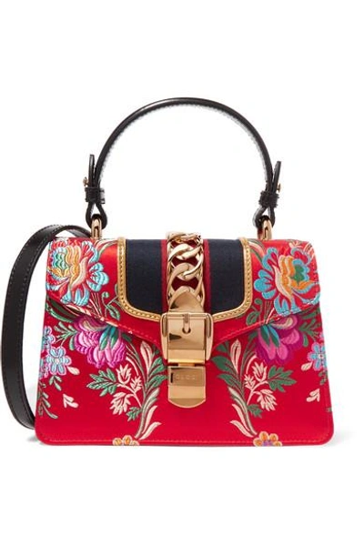 Shop Gucci Sylvie Mini Chain-embellished Jacquard Tote In Red