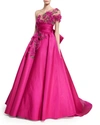 MARCHESA FLORAL-EMBROIDERED ONE-SHOULDER BALL GOWN, FUCHSIA,PROD127090001