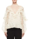 CHLOÉ LONG-SLEEVE EMBROIDERED TULLE BLOUSE, OFF WHITE