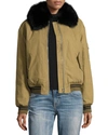 YVES SALOMON WOVEN BOMBER JACKET W/FUR COLLAR, GREEN/BLUE