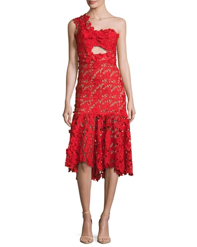 Johanna Ortiz Lace One-shoulder Midi Dress, Red