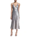 NARCISO RODRIGUEZ PIERCED SLEEVELESS V-NECK MIDI DRESS, SILVER