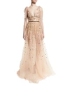 MONIQUE LHUILLIER METALLIC HEART-EMBELLISHED TULLE GOWN, BLUSH