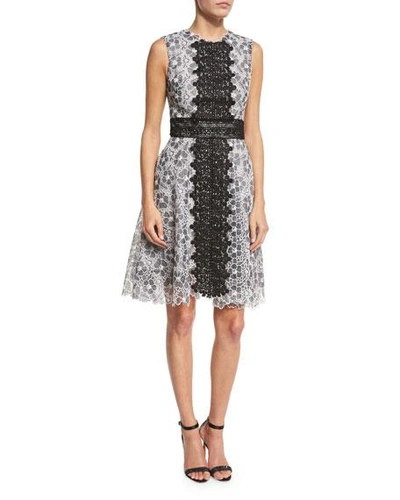Monique Lhuillier Sleeveless Two-tone Lace Dress, Black/white