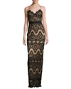 CATHERINE DEANE TWO-TONE LACE COLUMN GOWN, BLACK/ALMOND