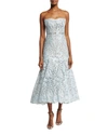 MONIQUE LHUILLIER STRAPLESS CHANTILLY LACE TEA-LENGTH DRESS, SKY