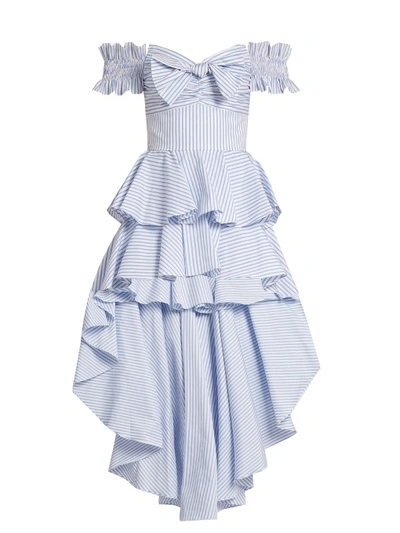 Caroline Constas Artemis Off-the-shoulder Striped Cotton Dress In Sky-blue And White