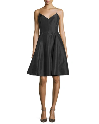 Halston Heritage Taffeta Sleeveless V-neck Dress, Black