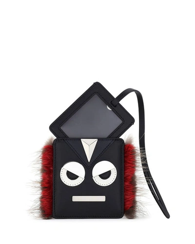 Fendi Monster Face Fur-trim Luggage Tag, Black/red