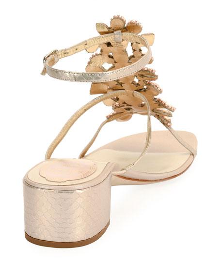 René Caovilla Crystal-embellished Snakeskin T-strap Block Heel Sandals ...