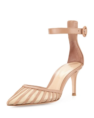 Gianvito Rossi Striped Mesh & Leather D'orsay Pump In Praline
