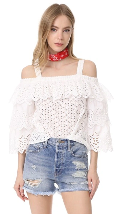 Shop Endless Rose Cold Shoulder Top With Tiered Sleeves In Off White